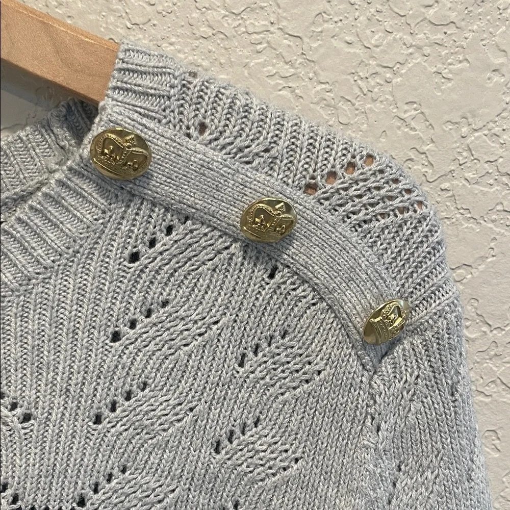 Talbots Nautical Stripe Sweater XL Navy Gray Cotton Knit Coastal Button Shoulder - Picture 4 of 7